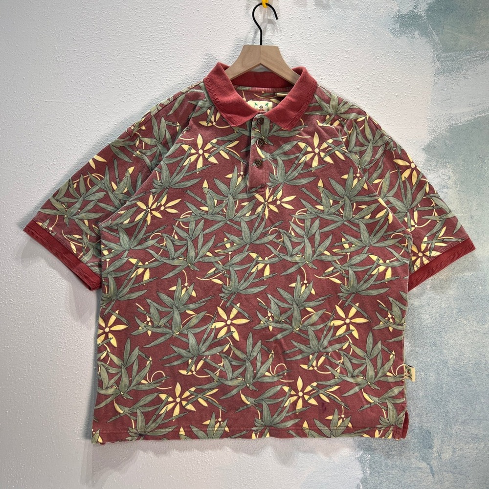 VTG Joe Marlin Tropical Summer Polo Shirt Gorpcore Mens XL Red Floral Leaf Print